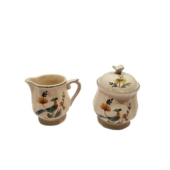 GIEN Oiseau De Paradis Creamer & Sugar Bowl and Lid France Birds and Flowers - Picture 2 of 8